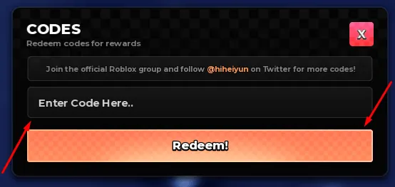 Anime Zero code entry field and Redeem! button, screenshot from Roblox Den