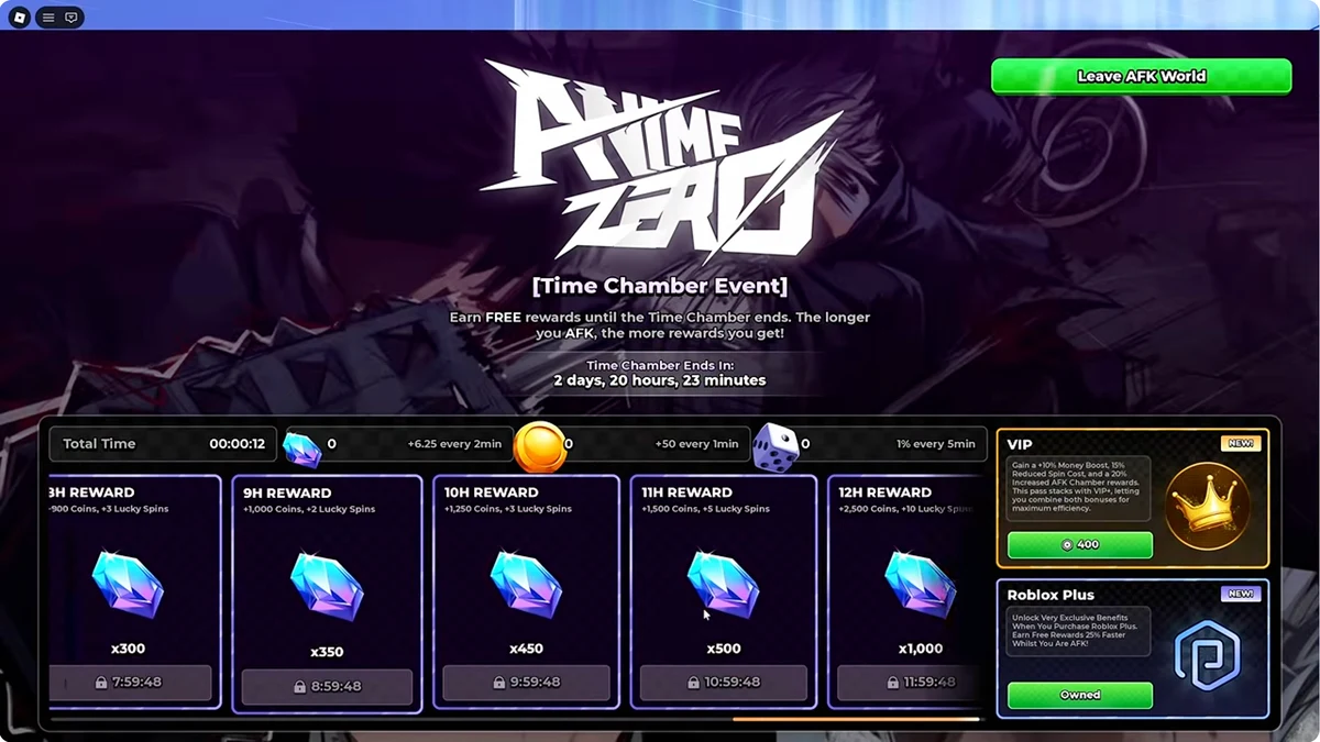 Anime Zero Time Chamber Event screen with an event countdown, separate reward intervals, milestone cards and Roblox Plus marked Owned