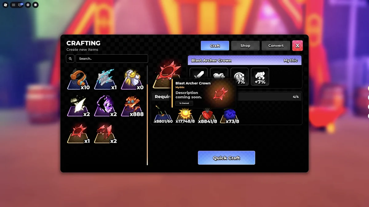 Anime Zero crafting screen with Blast Archer Crown selected, Mythic rarity, material requirements and Quick Craft