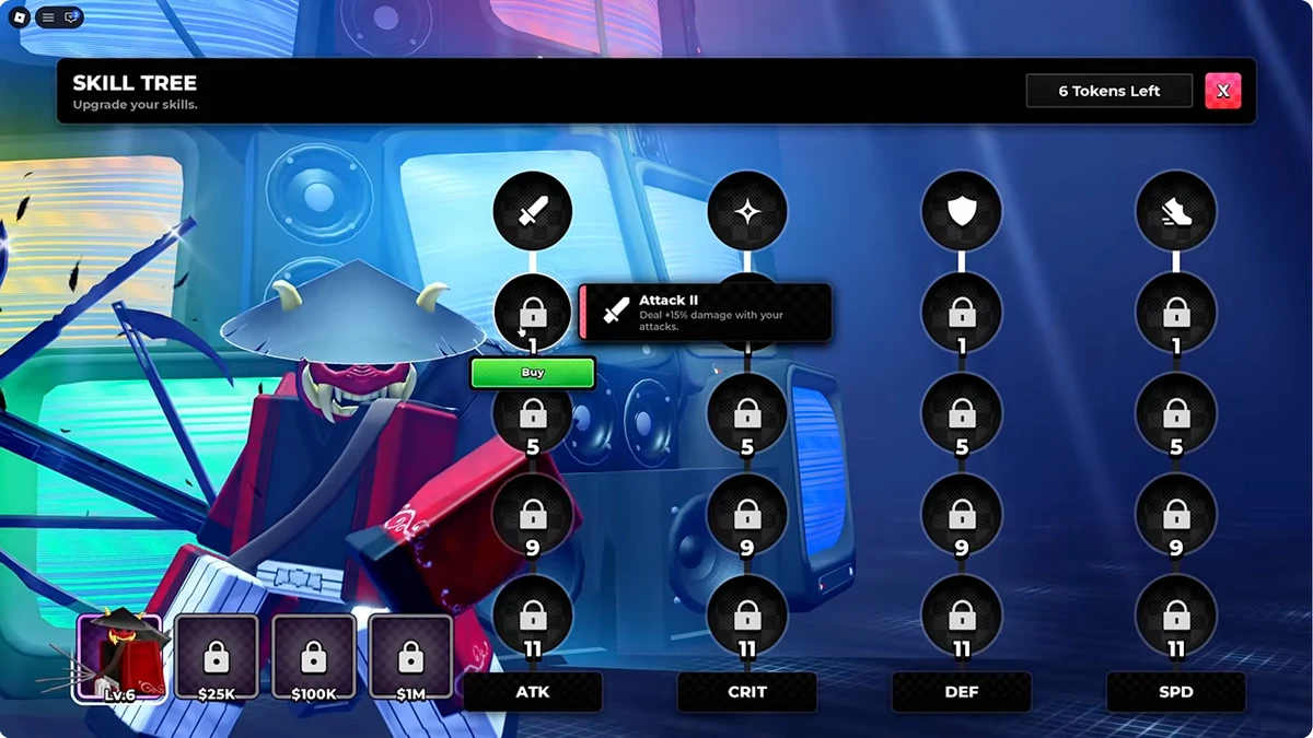 Anime Zero skill tree with Attack II selected and its upgrade tooltip visible