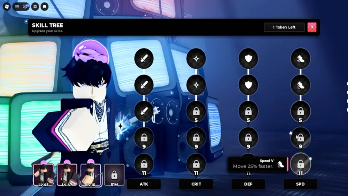 Anime Zero skill tree in D1SGUISED’s footage with one token left and a Speed V tooltip beside the SPD column