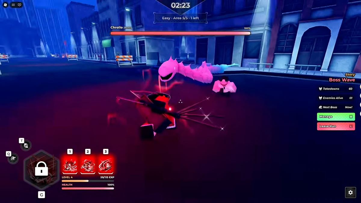 Anime Zero Story Boss Wave with Chrollo’s boss health bar, Area 5 of 5 and the player approaching the fight