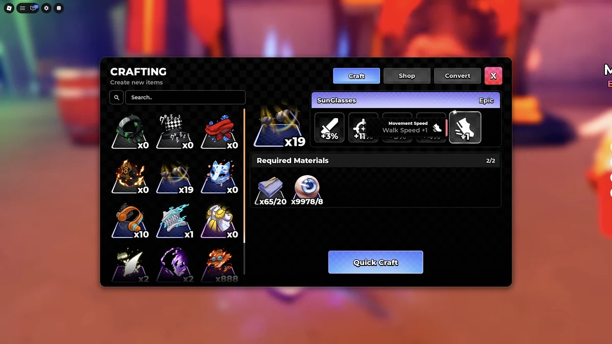 Anime Zero crafting screen showing the Epic SunGlasses recipe, critical chance and two required material entries