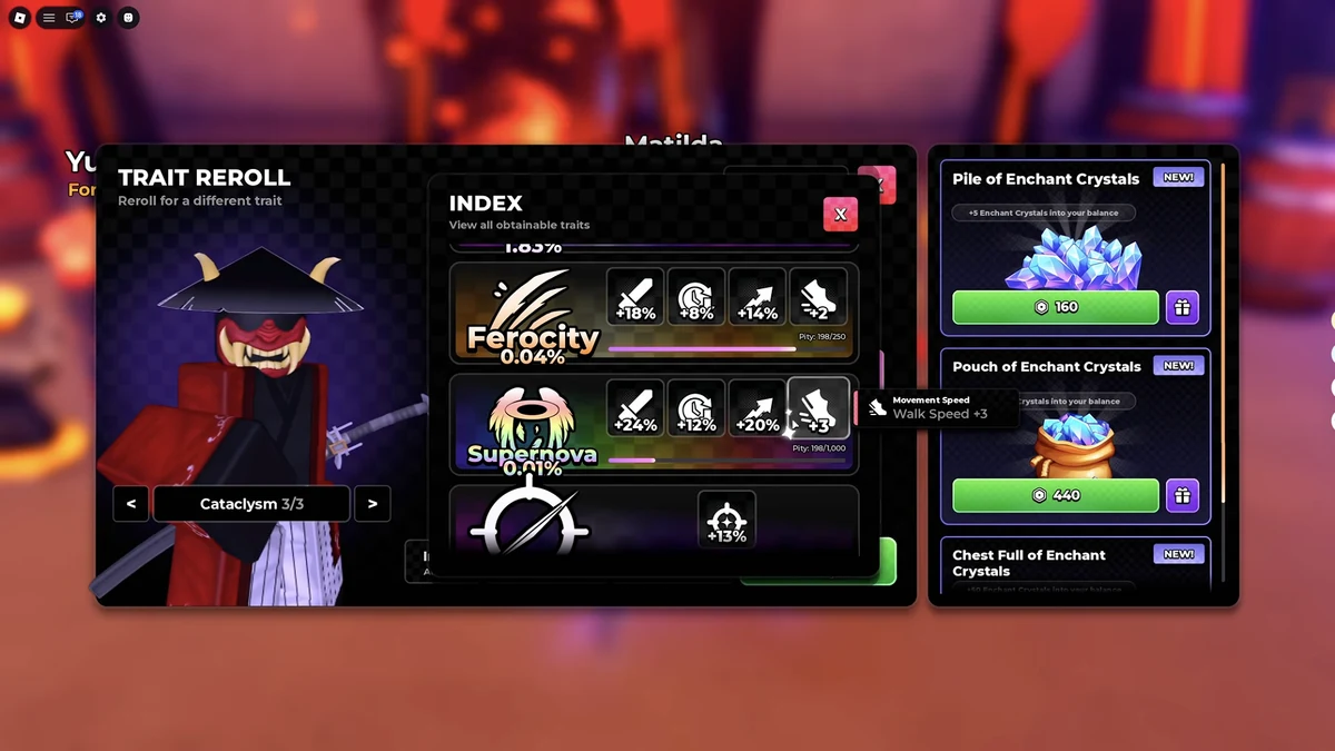 Anime Zero Trait Reroll index with Supernova, Ferocity, a selected Cataclysm weapon and displayed stat bonuses